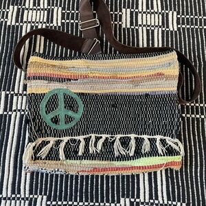 Striped Woven Crossbody Bag with Peace Symbol